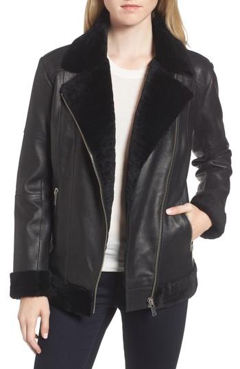 Women's Trouve Genuine Shearling Moto Jacket, Size - Black