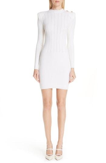 Women's Balmain Shoulder Detail Body-con Wool Blend Dress Us / 34 Fr - White