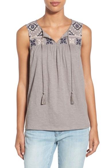 Women's Caslon Embroidered Boho Tank - Grey