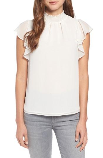 Women's 1.state Flutter Sleeve Smocked Neck Blouse, Size - White