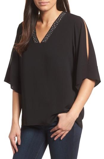 Women's Chaus Embellished Slit Shoulder Crepe Top - Black