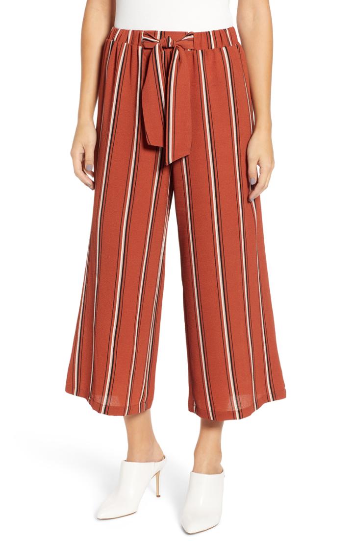 Women's Hiatus Tie Waist Stripe Wide Leg Crop Pants - Orange