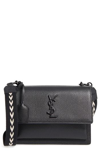 Saint Laurent Medium Sunset Calfskin Shoulder Bag With Woven Guitar Strap - Black