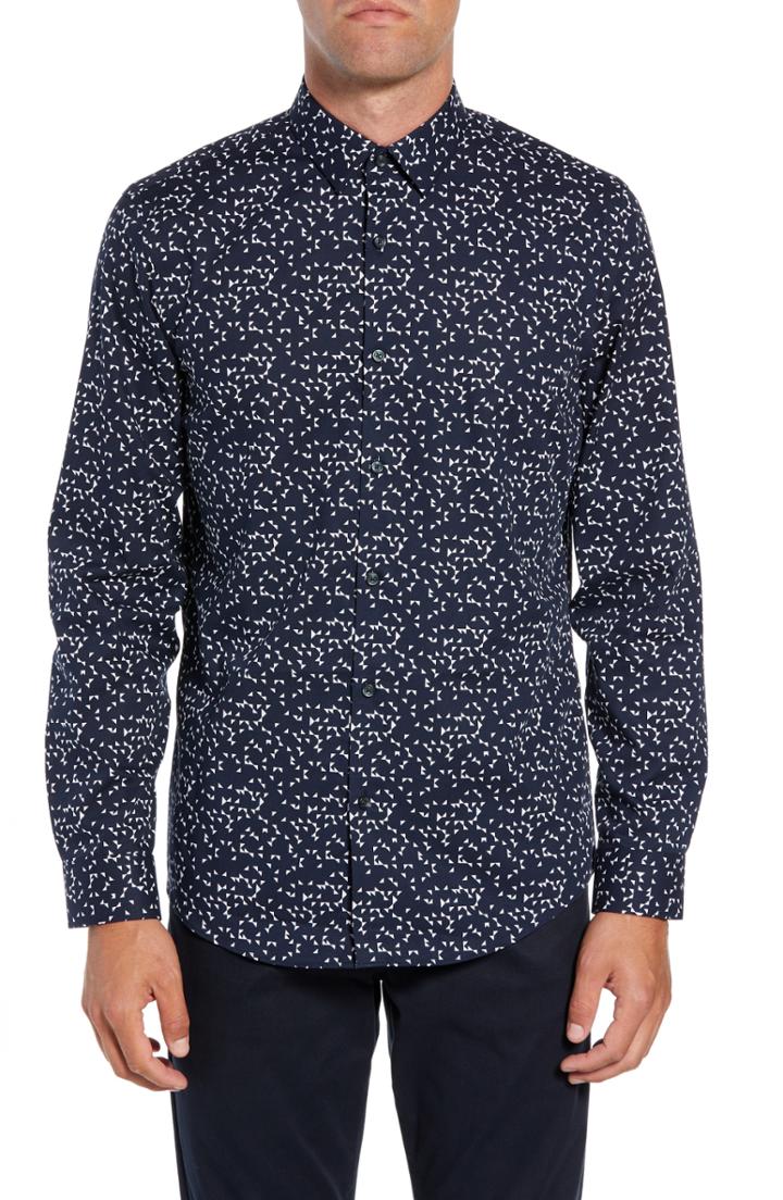 Men's Calibrate Slim Fit Non Iron Geo Print Sport Shirt, Size - Blue