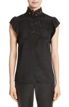 Women's St. John Collection Lace Trim Stretch Silk Crepe De Chine Top