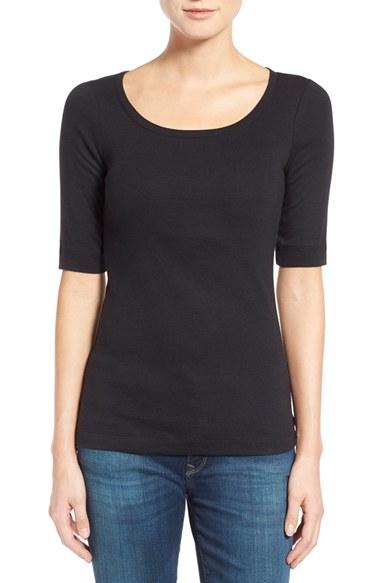 Women's Caslon Ballet Neck Cotton & Modal Knit Elbow Sleeve Tee - Black