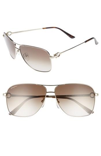 Men's Salvatore Ferragamo Gancio 61mm Aviator Sunglasses - Shiny Gold