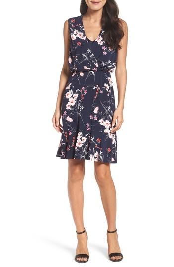Petite Women's Eliza J Print Surplice Dress P - Blue