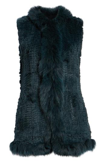 Women's Love Token Genuine Rabbit Fur Vest With Genuine Fox Fur Trim - Blue/green