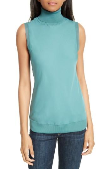 Women's Theory Turtleneck Bias Silk Top, Size - Green