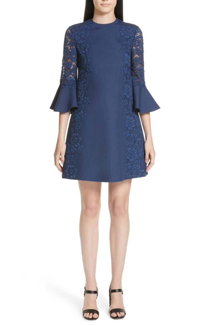 Women's Valentino Lace & Crepe Couture Bell Sleeve Dress - Blue