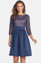 Women's Eliza J Dot Mesh Bodice Fit & Flare Dress - Blue