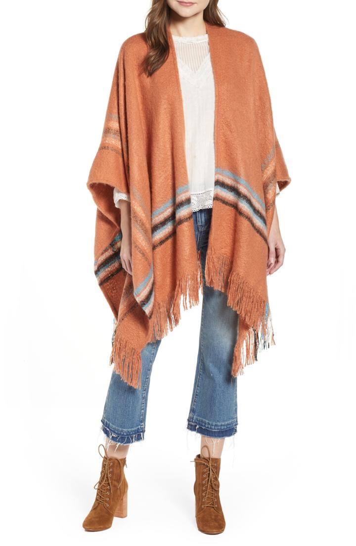 Women's Free People Stripe Fringe Ruana, Size - Coral
