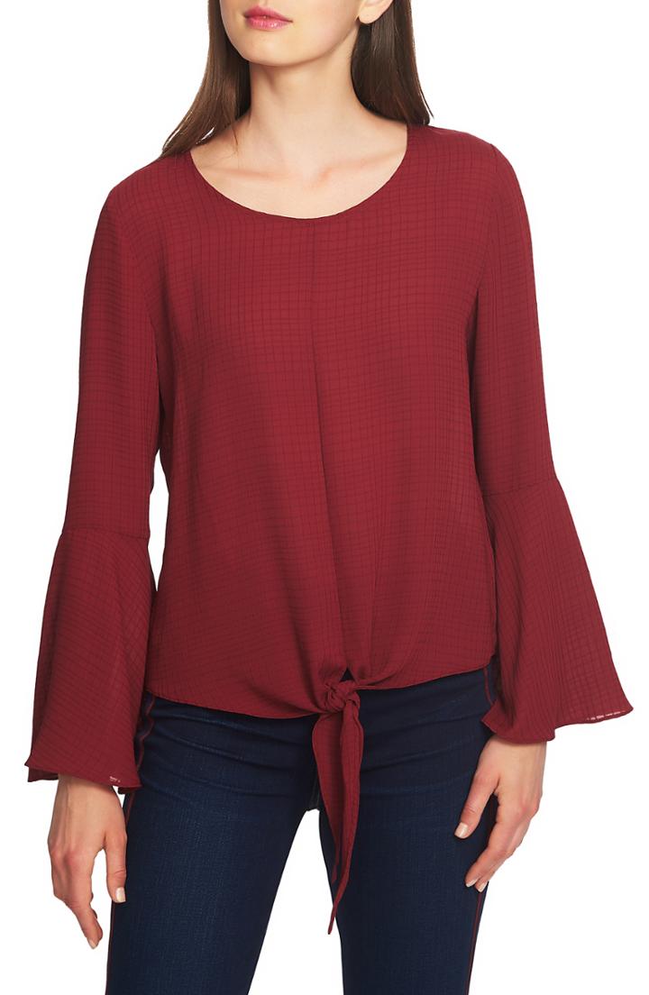 Women's 1.state Textured Tie Front Bell Sleeve Blouse - Red