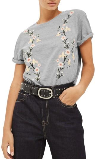 Women's Topshop Floral Embroidered Tee Us (fits Like 0) - Grey