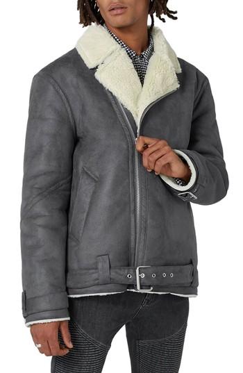 Men's Topman Borg Collar Faux Shearling Jacket - Grey