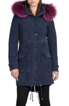 Women's Bagatelle City The Parka Suede Coat With Genuine Fox Fur Trim - Blue