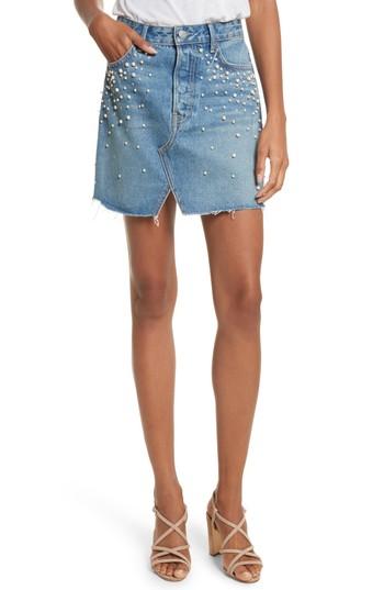 Women's Grlfrnd Faux Pearl & Crystal Embellished A-line Denim Skirt - Blue