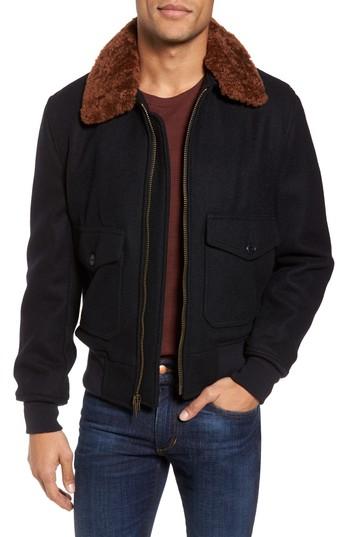 Men's Schott Nyc 'g-1' Zip Front Bomber With Genuine Shearling Collar - Blue