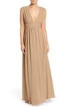 Women's Lulus Plunging V-neck Chiffon Gown - Beige