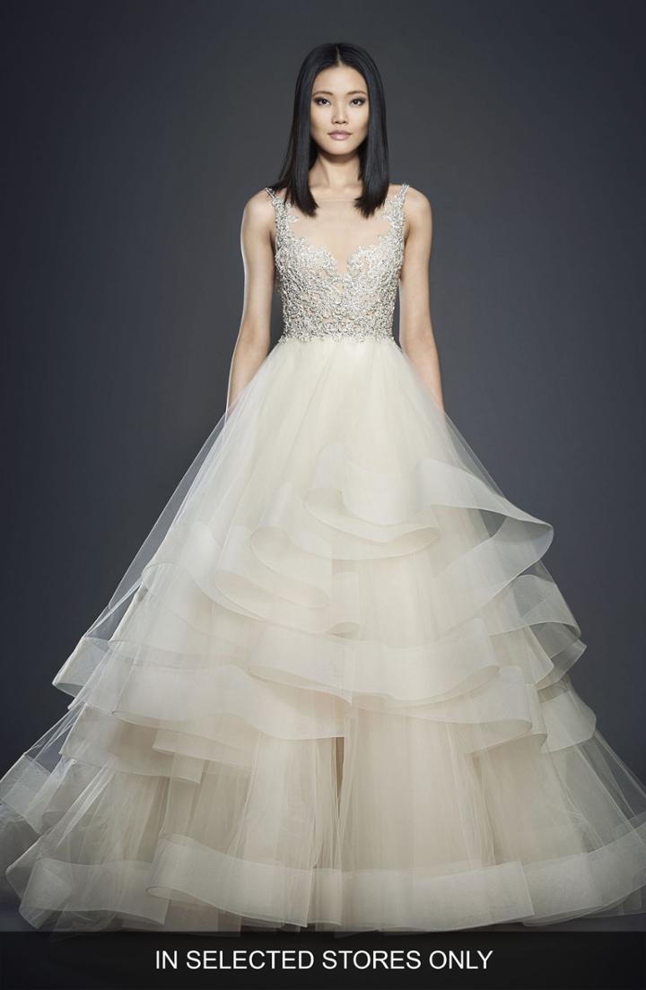 Women's Lazaro Crystal Embellished Layered Organza Ballgown - Ivory