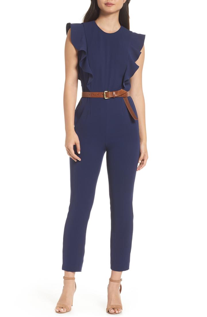 Women's Michael Michael Kors Belted Ruffle Jumpsuit - Blue