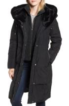 Women's Cole Haan Down & Feather Coat With Faux Fur Hood - Black