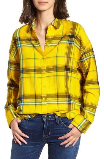 Women's Bp. Frayed Edge Plaid Shirt, Size - Yellow
