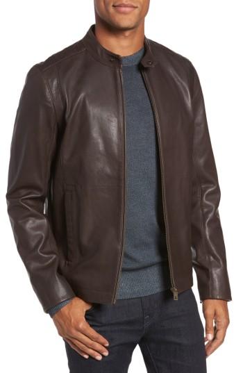 Men's Ted Baker London Mate Leather Biker Jacket (l) - Brown