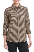 Petite Women's Foxcroft Fallon Satin Stripe Cotton Shirt P - Brown