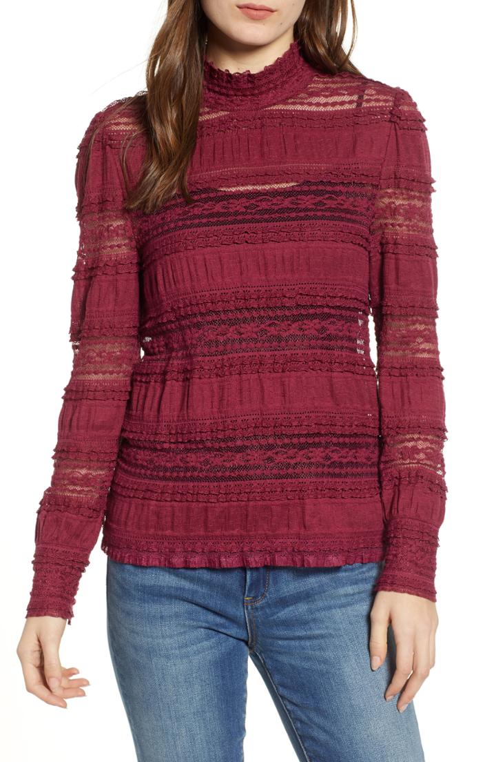 Women's Hinge Lace Inset Turtleneck, Size - Burgundy