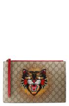 Gucci Embroidered Angry Cat Gg Supreme Zip Pouch - Beige