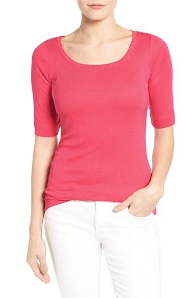 Petite Women's Caslon Ballet Neck Cotton & Modal Knit Elbow Sleeve Tee, Size P - Red