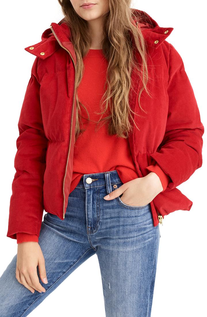 Women's J.crew Corduroy Puffer Jacket - Red