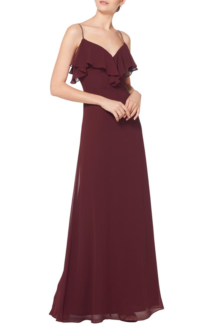 Women's #levkoff Jeweled Strap Ruffle Neck Chiffon Gown - Burgundy