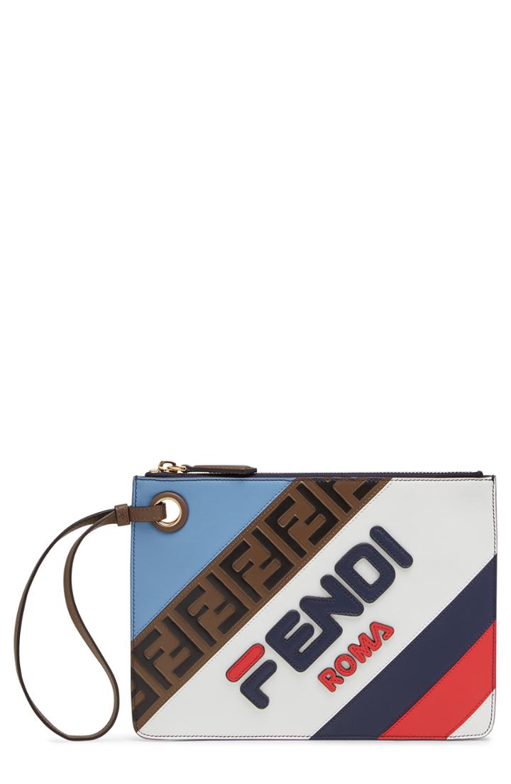 Fendi X Fila Small Mania Logo Leather Clutch - Blue