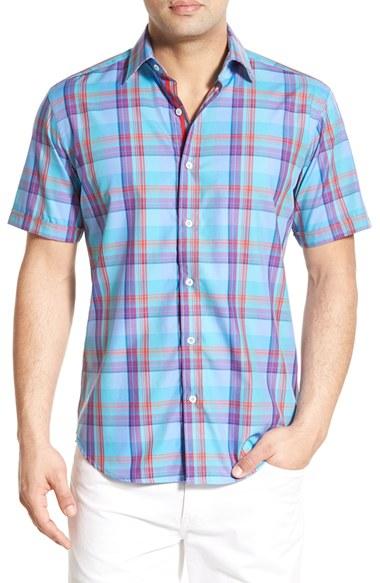 Men's Bugatchi Shaped Fit Plaid Short Sleeve Sport Shirt