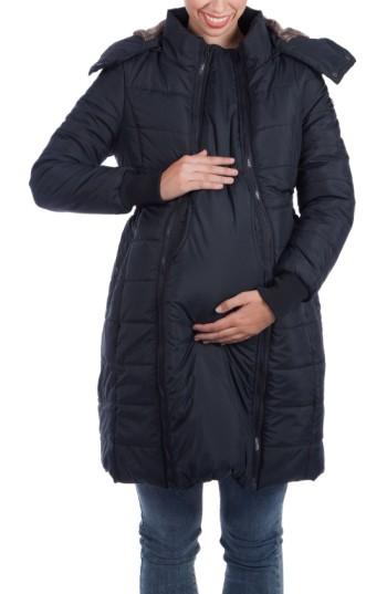 Women's Modern Eternity Madison Quilted Maternity Puffer Coat With Faux Fur Trim - Black