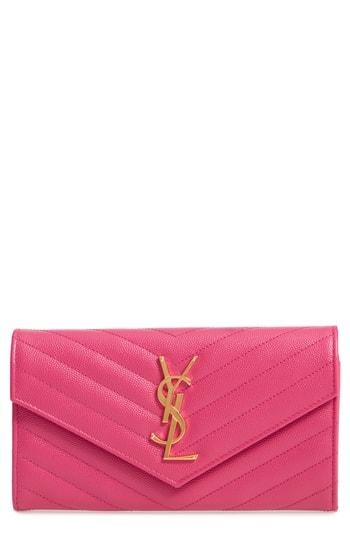 Women's Saint Laurent Monogram Logo Leather Flap Wallet - Pink
