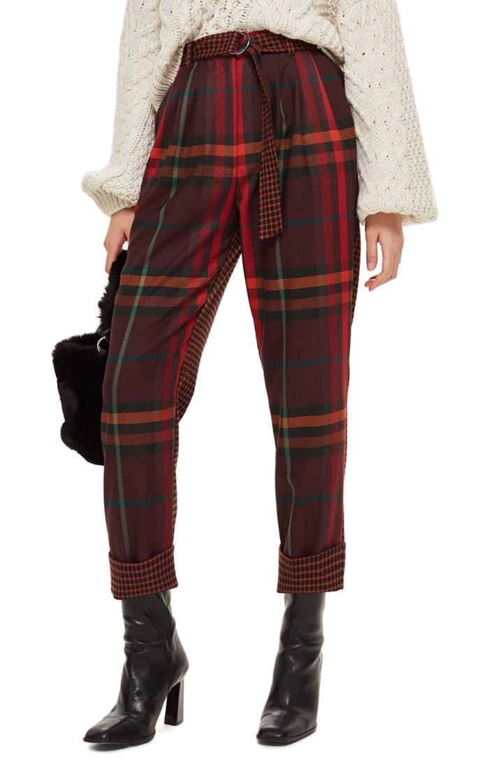 Women's Topshop Belted Mixed Check Peg Trousers Us (fits Like 0-2) - Red