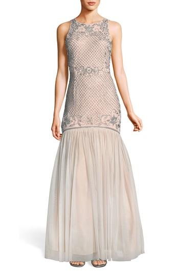 Women's Adrianna Papell Beaded Tulle Trumpet Gown - Metallic
