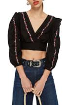 Women's Topshop Embroidered Balloon Sleeve Blouse Us (fits Like 0) - Black
