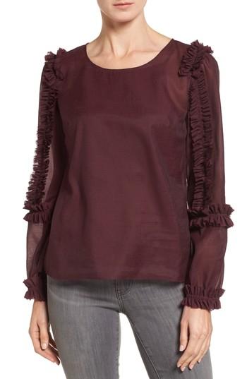 Women's Halogen Ruffle Sleeve Sheer Blouse - Burgundy