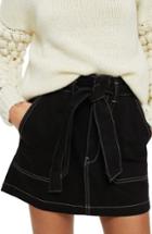 Women's Topshop Stitch Detail Belted Denim Skirt Us (fits Like 0) - Black
