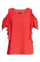 Petite Women's Bobeau Cold Shoulder Ruffle Sleeve Top, Size P - Red
