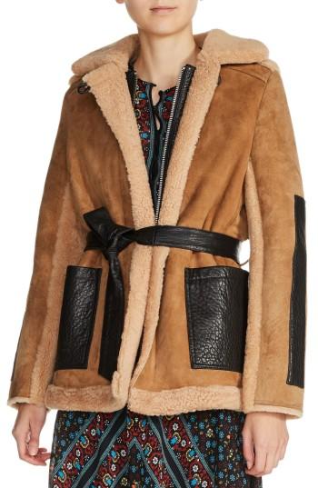 Women's Maje Faux Shearling-lined Leather Coat - Beige