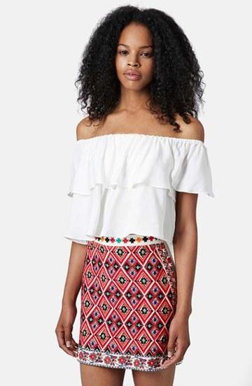 Topshop Ruffle Off-shoulder Crop Top White