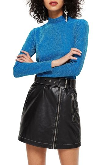 Women's Topshop Metallic Funnel Neck Top Us (fits Like 0) - Blue