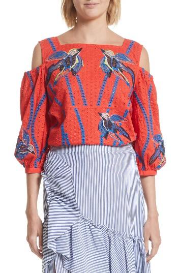 Women's Tanya Taylor Elien Bird Eyelet Cold Shoulder Top - Red