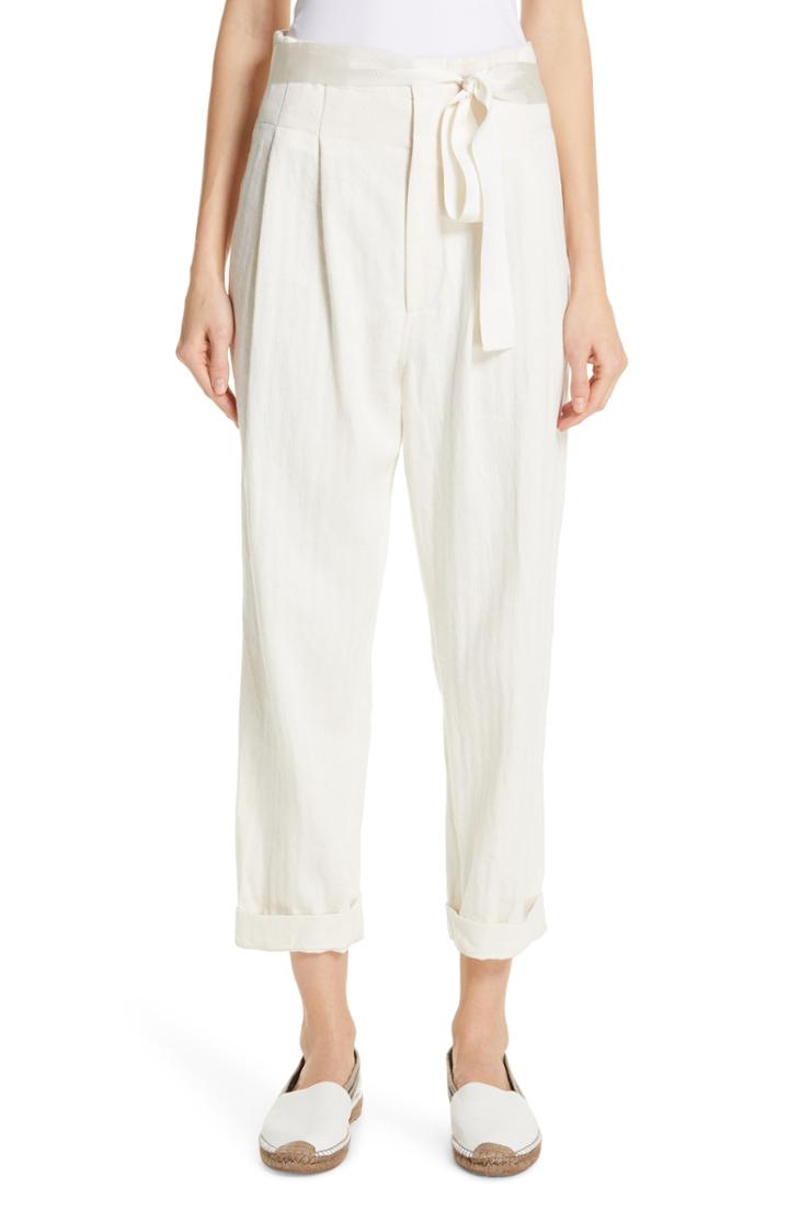 Women's Brunello Cucinelli Paperbag Waist Chevron Weave Cotton & Linen Pants Us / 36 It - White